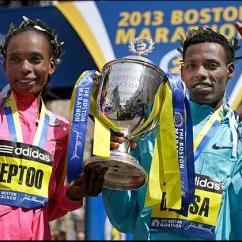 Rita Jeptoo of Kenya, Lelisa Desisa of Ethiopia, winners of the women's and men's divisions of the 2013 Boston Marathon